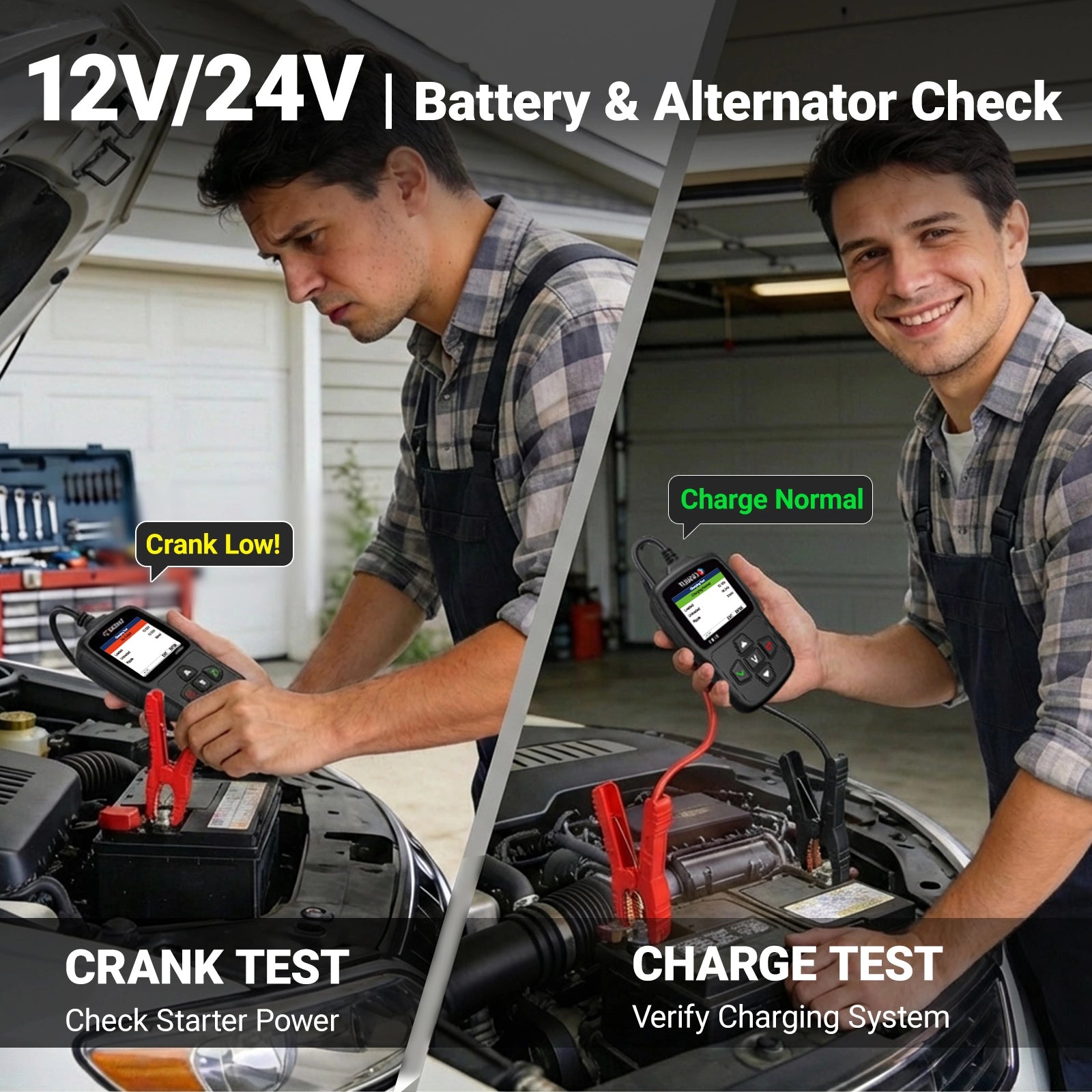 Two men performing battery and alternator checks on a car with diagnostic tools.