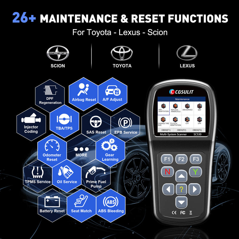 CGSULIT SC530 Toyota/Lexus/Scion Scan Tool has 26+ special functions. Get your service done efficiently and effortlessly. It performs oil light reset, abs bleeding, air bag reset, TBA/TPS, EPB service, battery reset, sas calibration, TPMS service, injector coding and more functions.