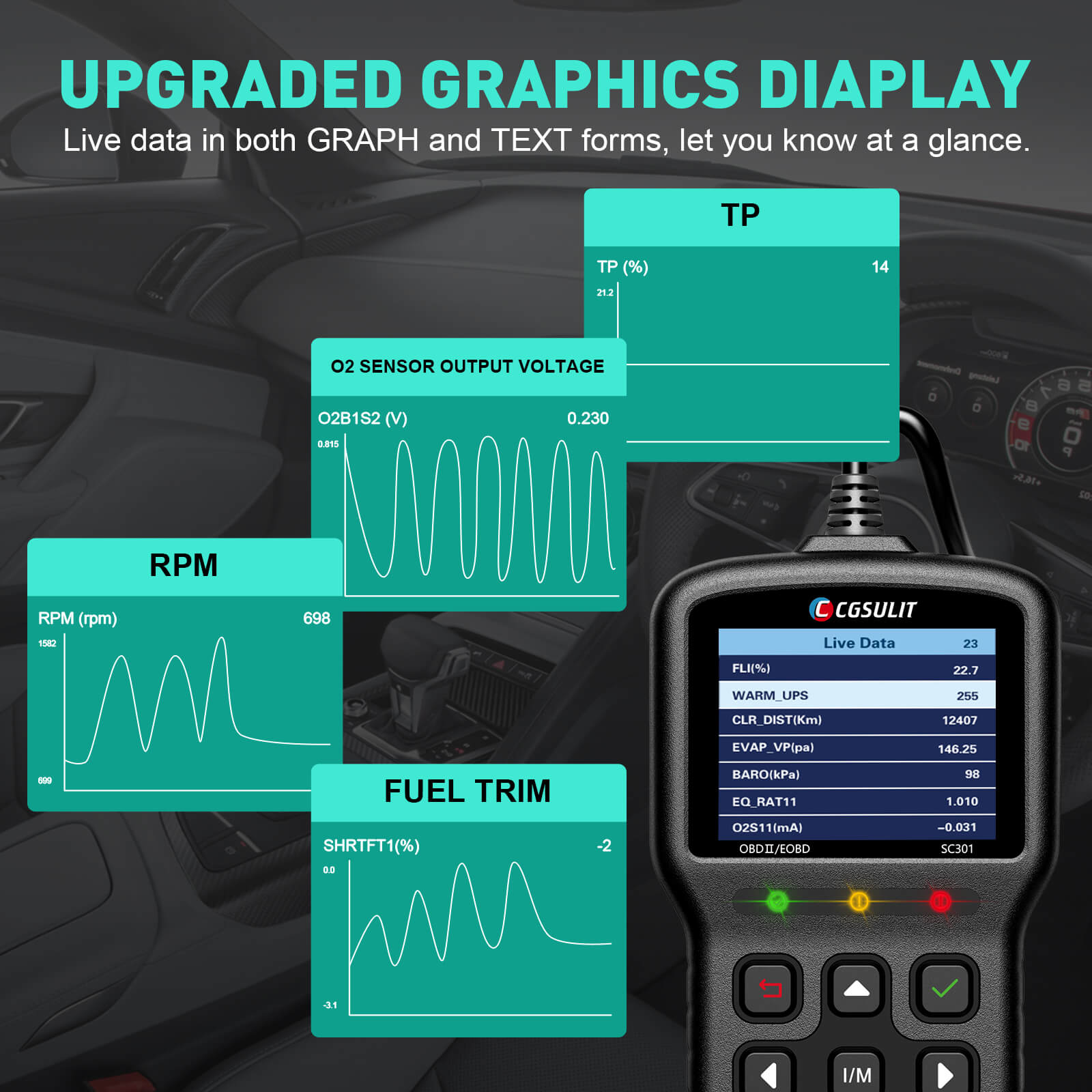 CGSULIT SC301 Engine code reader live data display in both graph and text forms, clear know at a glance.