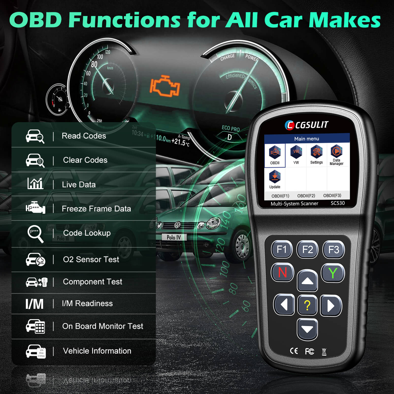 SC530 vag OBDII code reader support 10 OBD2 modes. It quickly turns off the Check Engine Light(MIL) and helps your car pass the smog check.