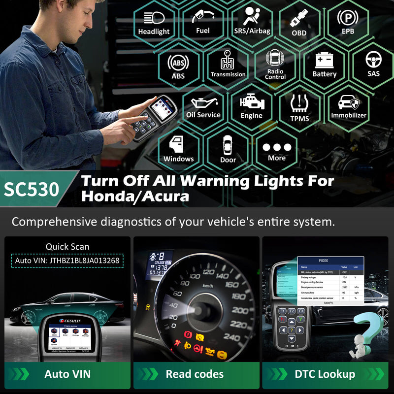 CGSULIT SC530 can diagnose every electronic modules for your Honda/Acura vehicles with 4 steps of auto VIN, read codes, DTC lookup and clear codes. It can quickly turns off all warning lights like oil, abs, airbag, sas, tpms, engine, transmission and more lights.