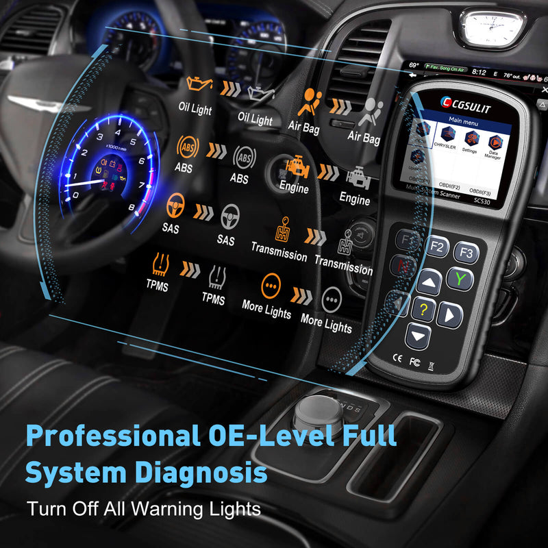 CGSULIT SC530 professional OE-level full system diagnosis. It can quickly turns off all warning lights like oil, abs, airbag, sas, tpms, engine, transmission and more lights.