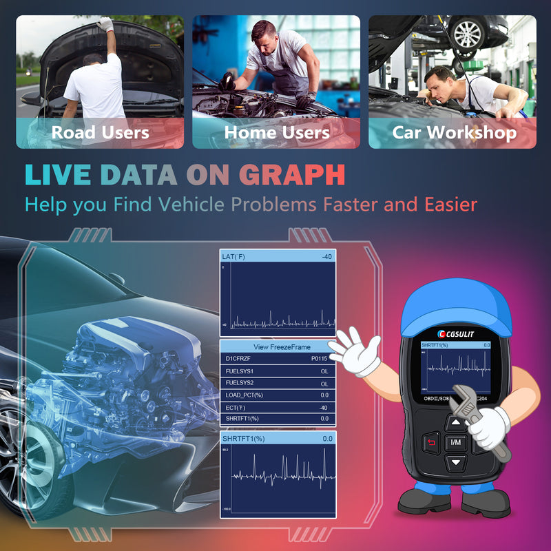 CGSULIT SC204 engine code reader are widely used for road users, home users and car workshop. Live data graph help you find vehicle problems faster and easier.