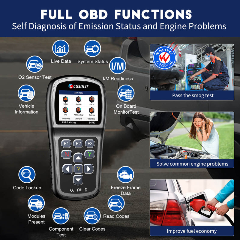 CGSULIT SC630 has full OBD2 functions. Enhanced Engine Code Reader SC630 can easily diagnose problems with the engine system and turn off the check engine light(MIL).