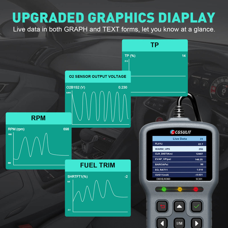 CGSULIT SC301 Engine  code reader live data display in both graph and text forms, clear know at a glance.