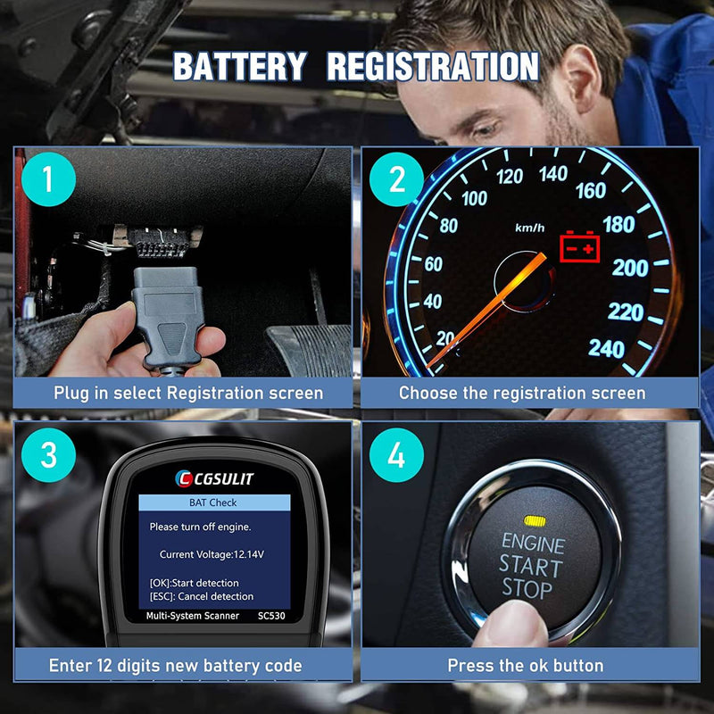 CGSULIT SC530 Battery Reset Tool: Evaluate the battery charge state, monitor the close-circuit current, register the new battery replacement, and activate the rest state of the vehicle battery system. Clear faults from the dashboard.