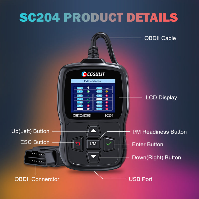 SC204 obd2 scanner's screen and button details.