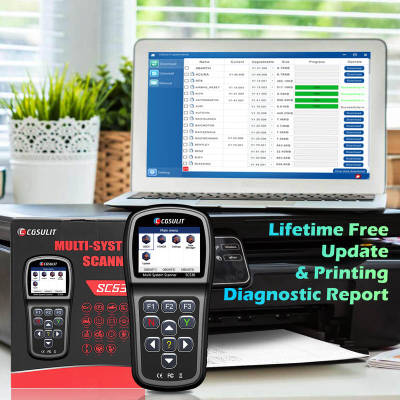 CGSULIT SC530-Lifetime free update. It support diagnostic report printing via usb cable.