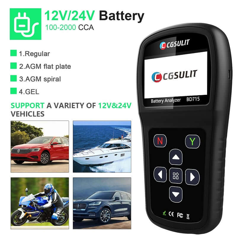 CGSULIT BD715 12V 24V Car Battery Tester Support AGM and GEL Battery Type