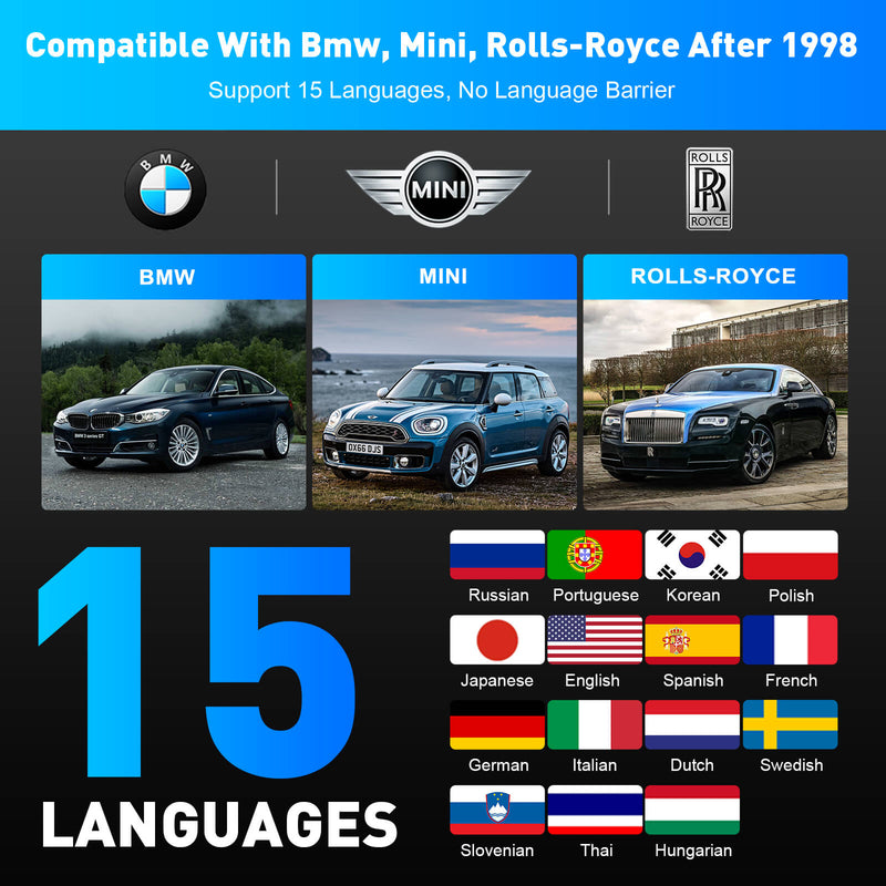 SC530 BMW Scan Tool compatible with BMW, MINI, ROLLS-ROYCE after 1998. It support 15+ languages.