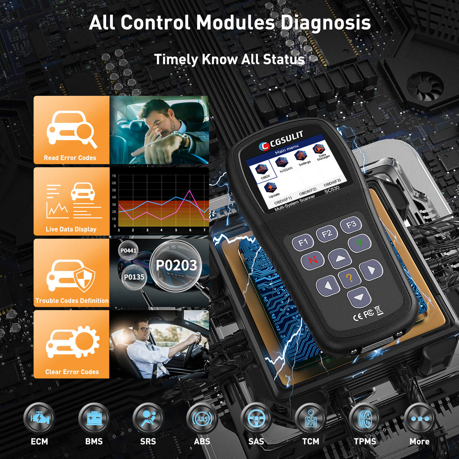 CGSULIT SC530 Nissan/Infinity scan Tool can quickly scan all availible control modules for your car. Read error codes-Live data display-Trouble codes definition-Clear error codes.