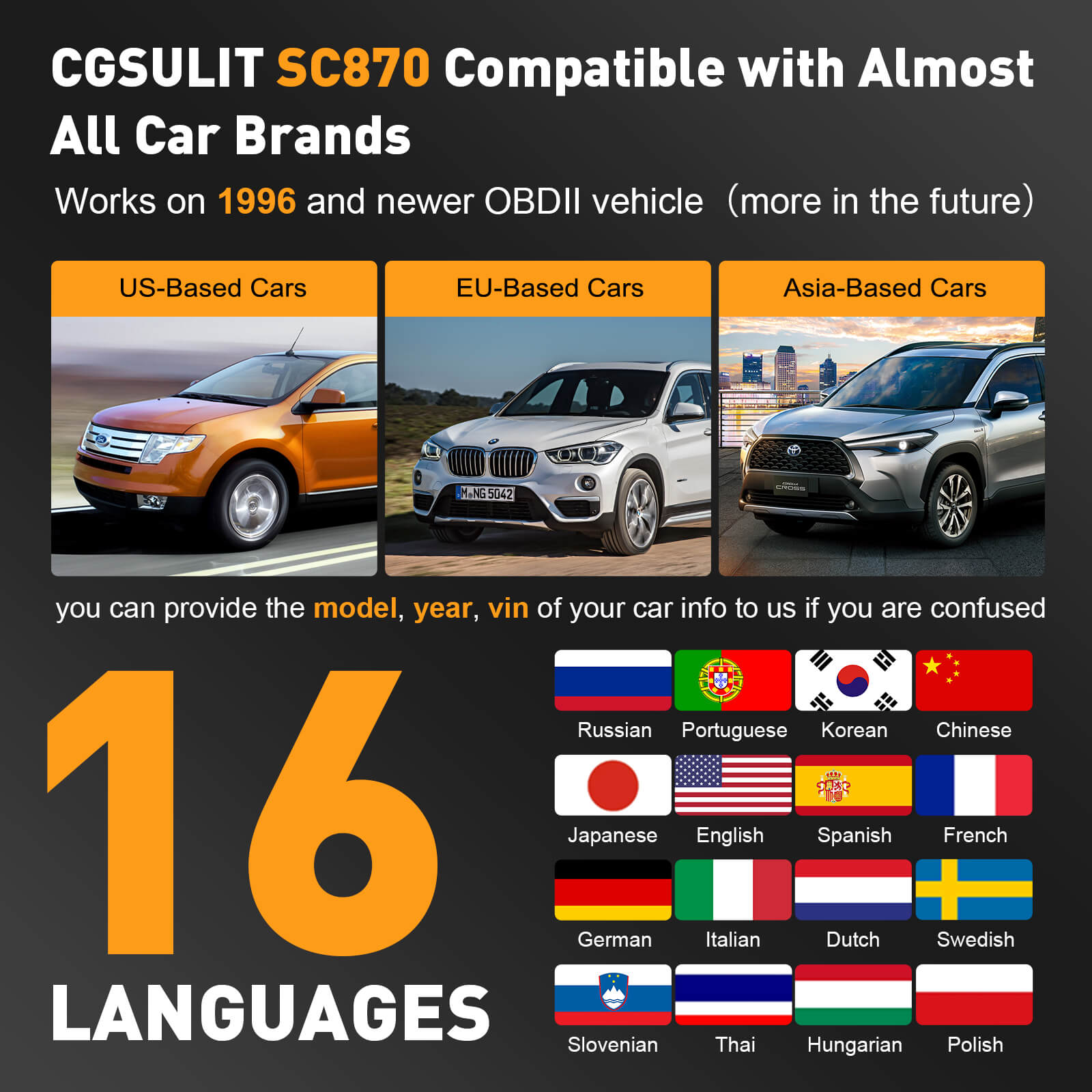 CGSULIT SC870 compatible with 80% car makes from US, EU, Aisia and AU. It support 16+ languages.